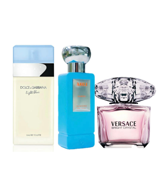 💖 Combo Femenino Exclusivo: Dolce & Gabbana Light Blue + Versace Bright Crystal + Ahli Karpus
