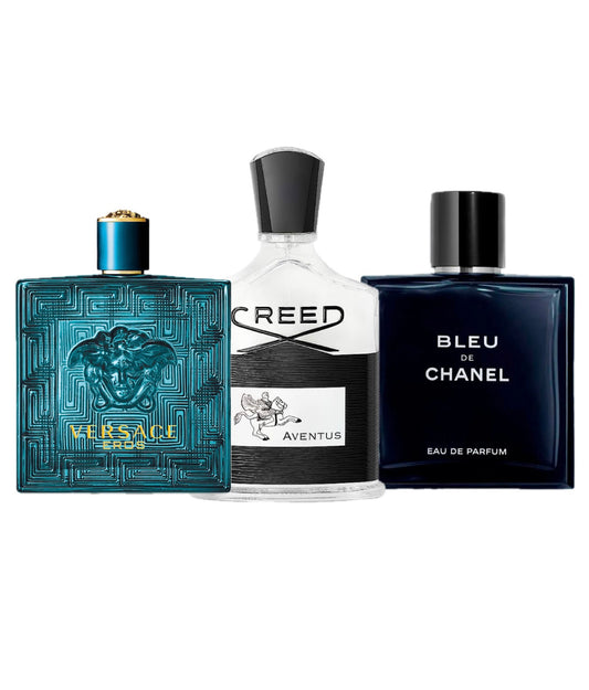 👑 Combo Masculino Premium: Versace Eros + Creed Aventus + Bleu de Chanel